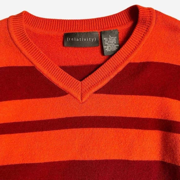 Striped pullover v neck sweater in red & orange - Relativity - fits like size S - Picture 2 of 7